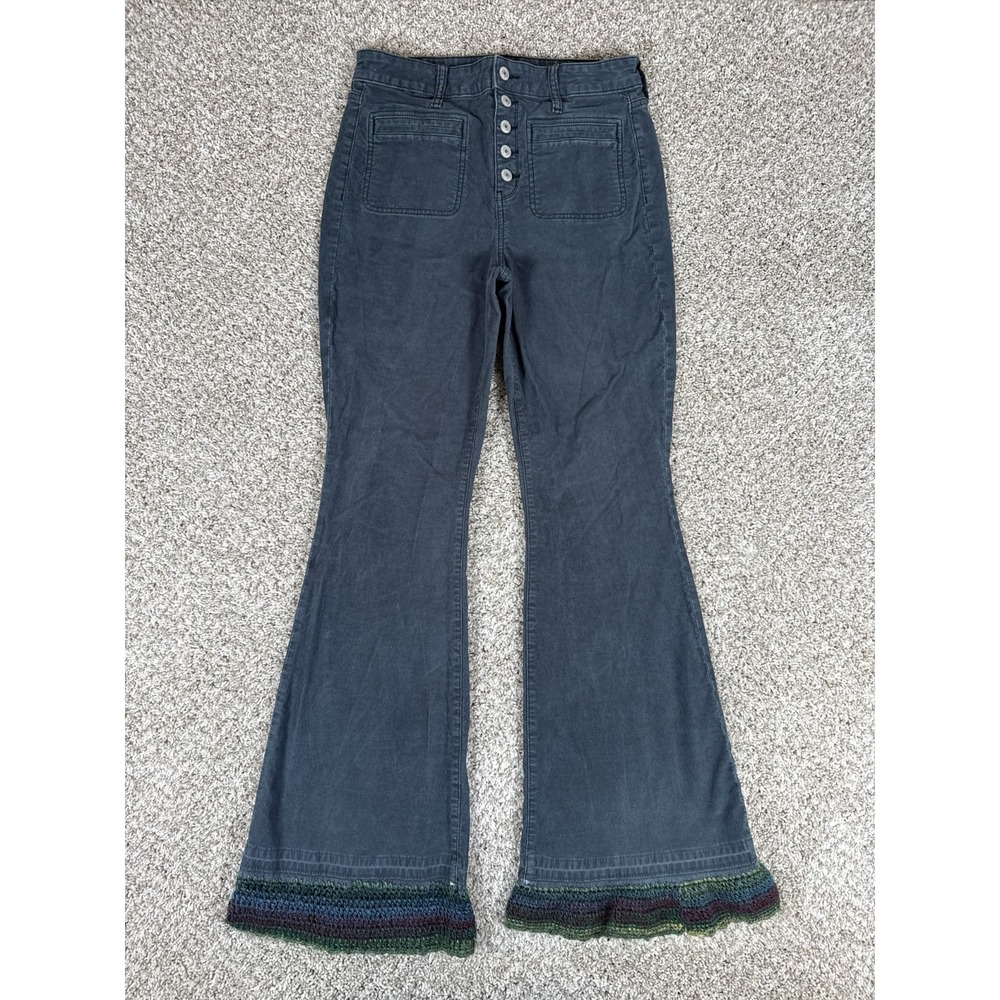 American Eagle Pants Womens 10 Gray Super High Rise Flare Corduroy Lace Trim